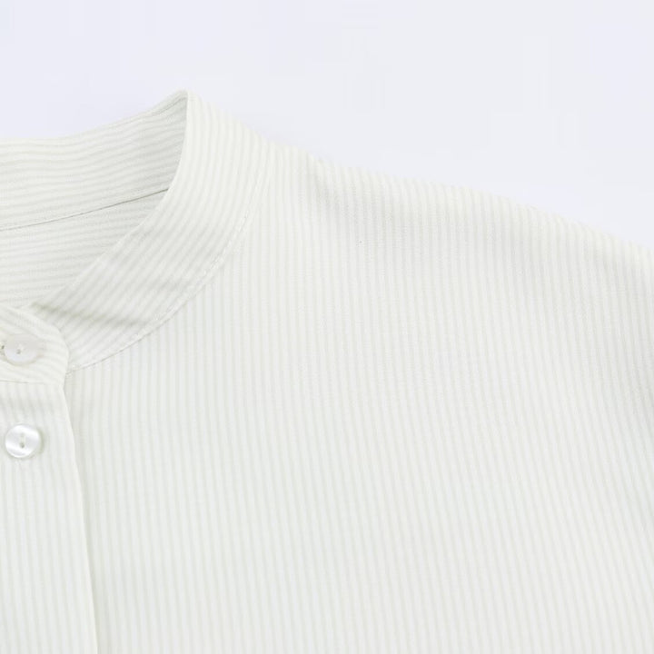 Women Oversize Shirt Blouse with Stand Collar, Chest Pocket and Curved Hem Mune Fashion