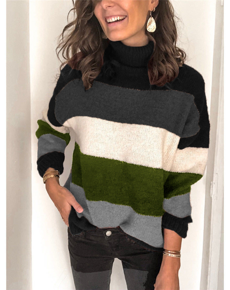 Women Oversize Turtleneck Sweater with Wide Block Stripes and Soft Knit Mune Fashion