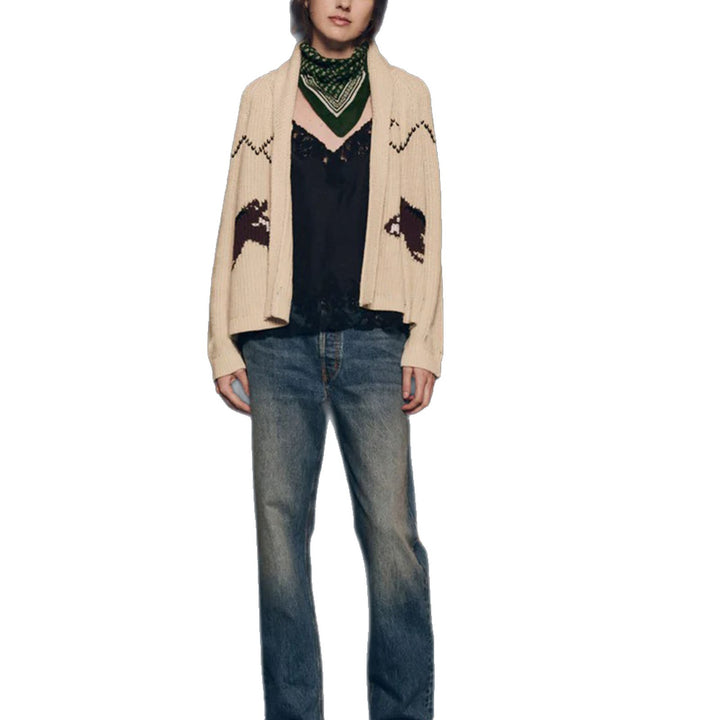 Women’s chunky knit cardigan with lapel collar and horse intarsia Mune Fashion