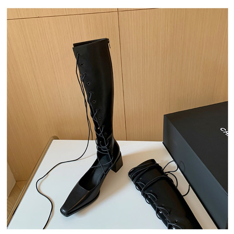 Ladies knee-high lace-up boots with minimalist silhouette, concealed zipper and ergonomic block heel Mune Fashion