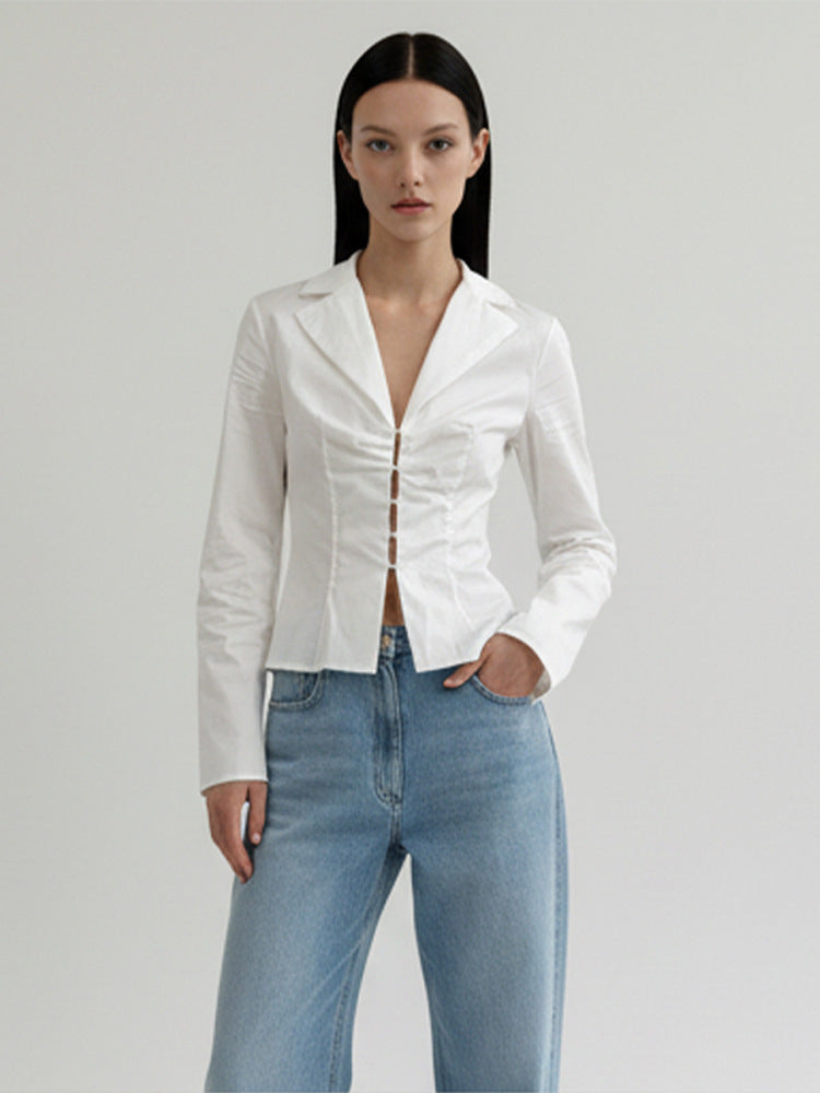 Women's Tailored Poplin Shirt Blouse with Corset Seams & Hook Front Mune Fashion