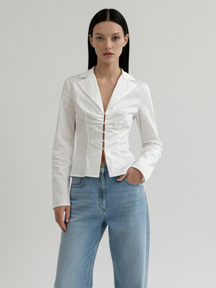 Women's Tailored Poplin Shirt Blouse with Corset Seams & Hook Front Mune Fashion