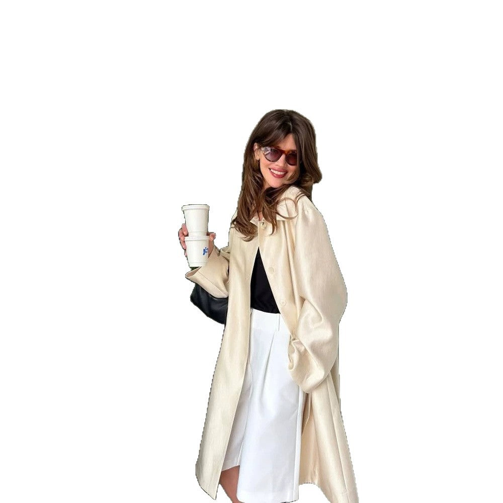 Women Lightweight Satin-Effect Long Coat with Boxy Oversize Silhouette Mune Fashion