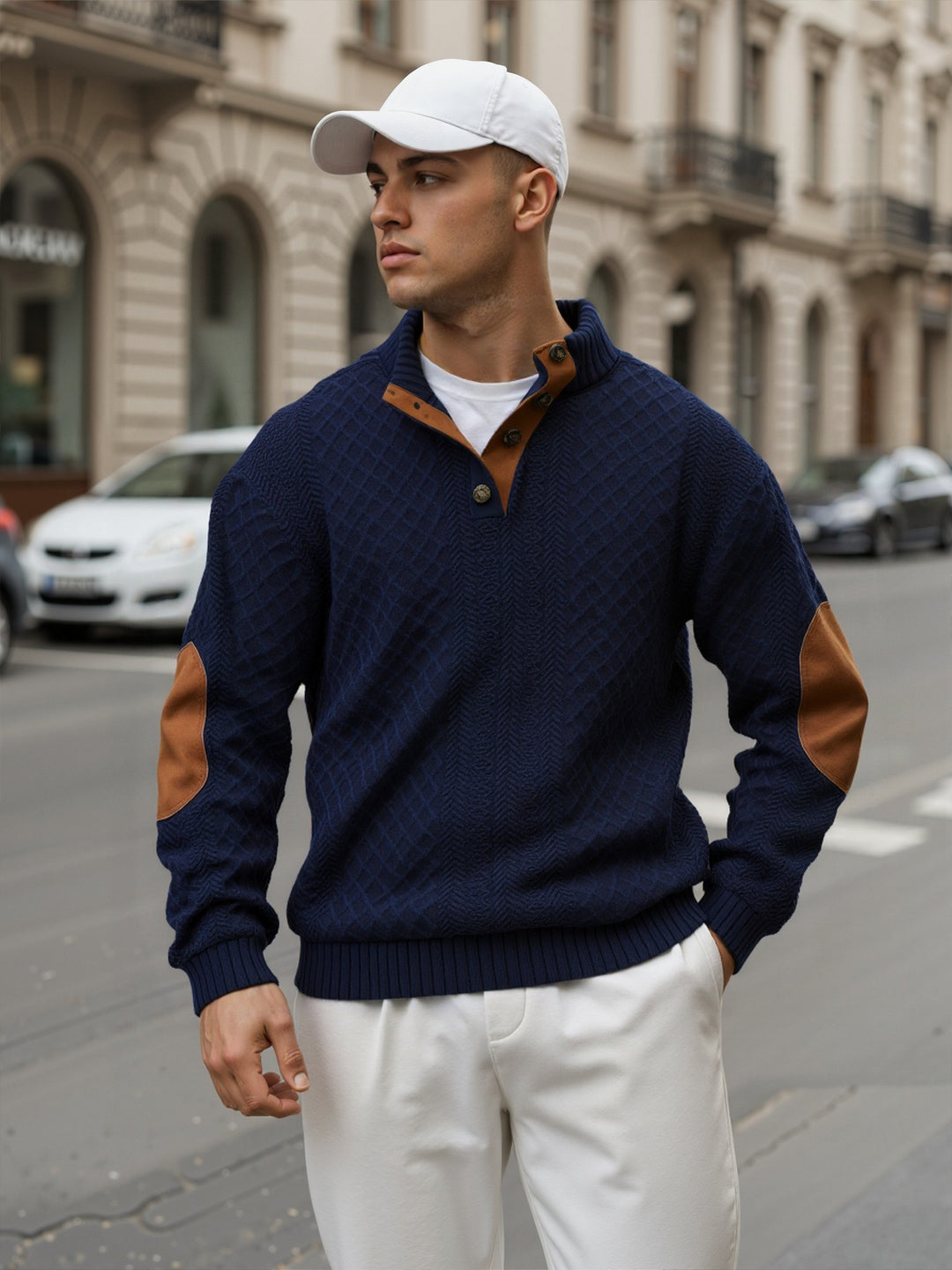 Men's troyer sweater with stand-up collar, structured knit look and contrast elbow patches Mune Fashion