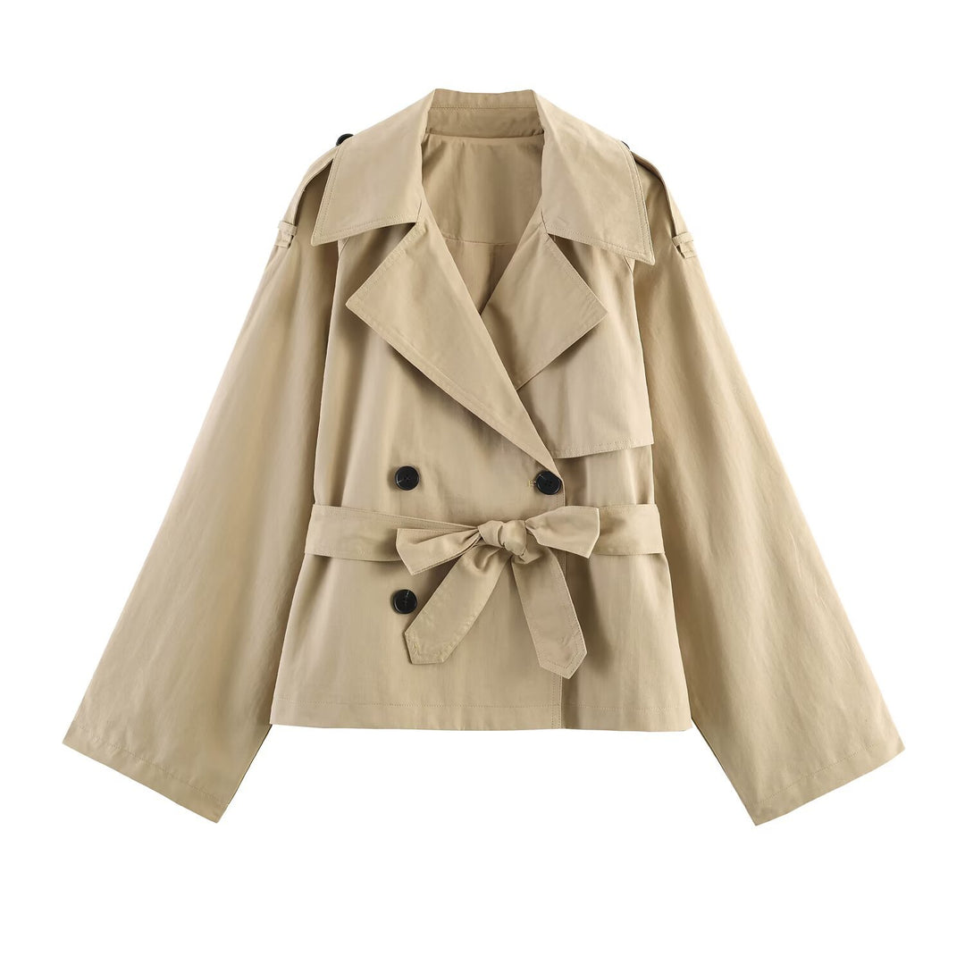 Women's Short Cape Trench with Double Button Placket, Wide Cape Sleeves and Waist Tie Belt Mune Fashion