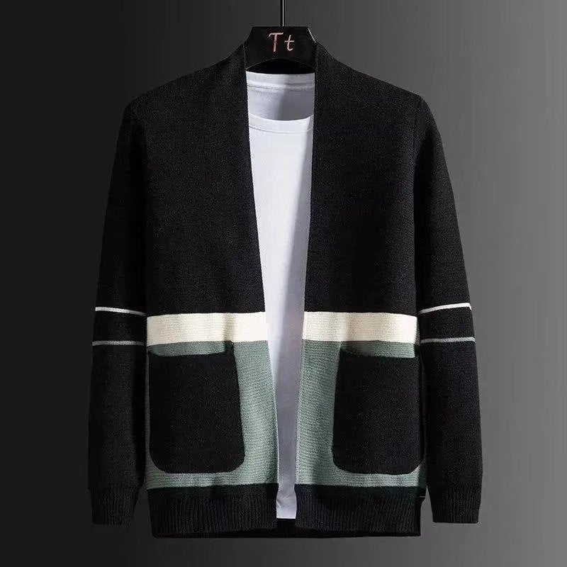 Men's Open Knit Jacket in Colorblock Design with Applied Pockets and Ribbed Hem Mune Fashion