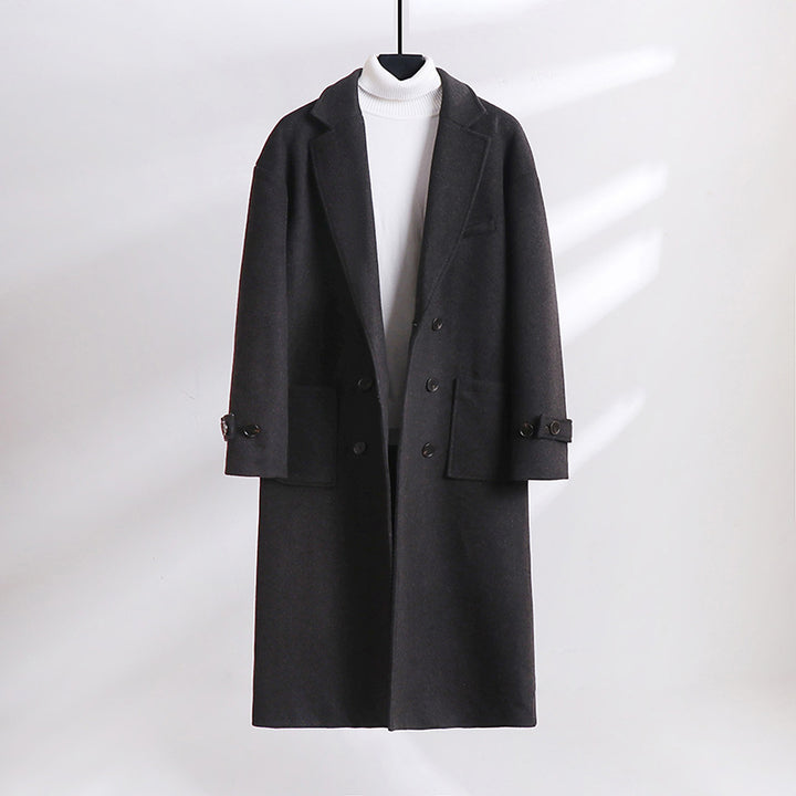 Men's Double-Breasted Wool Blend Long Coat with Notched Lapels and Flap Pockets Mune Fashion