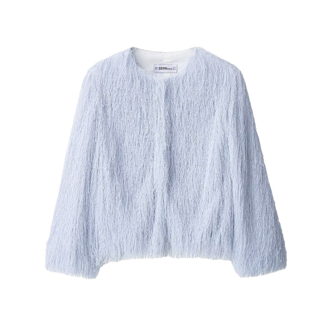 Women's Fluffy Fringe Jacket with Round Neckline and Boxy Cut Mune Fashion