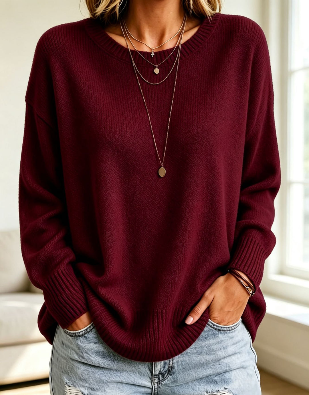 Women Light Cashmere-Touch Sweater with Round Neck, Dropped Shoulder and Ribbed Cuffs Mune Fashion