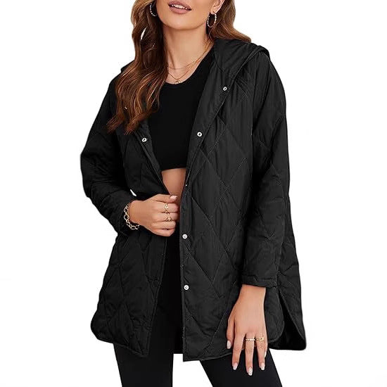 Women's quilted hooded jacket with snap button placket, side slits, and medium length Mune Fashion