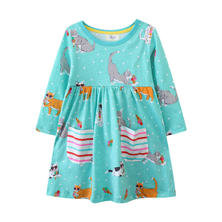 Girls casual dress with playful cat motif and practical pockets Mune Fashion