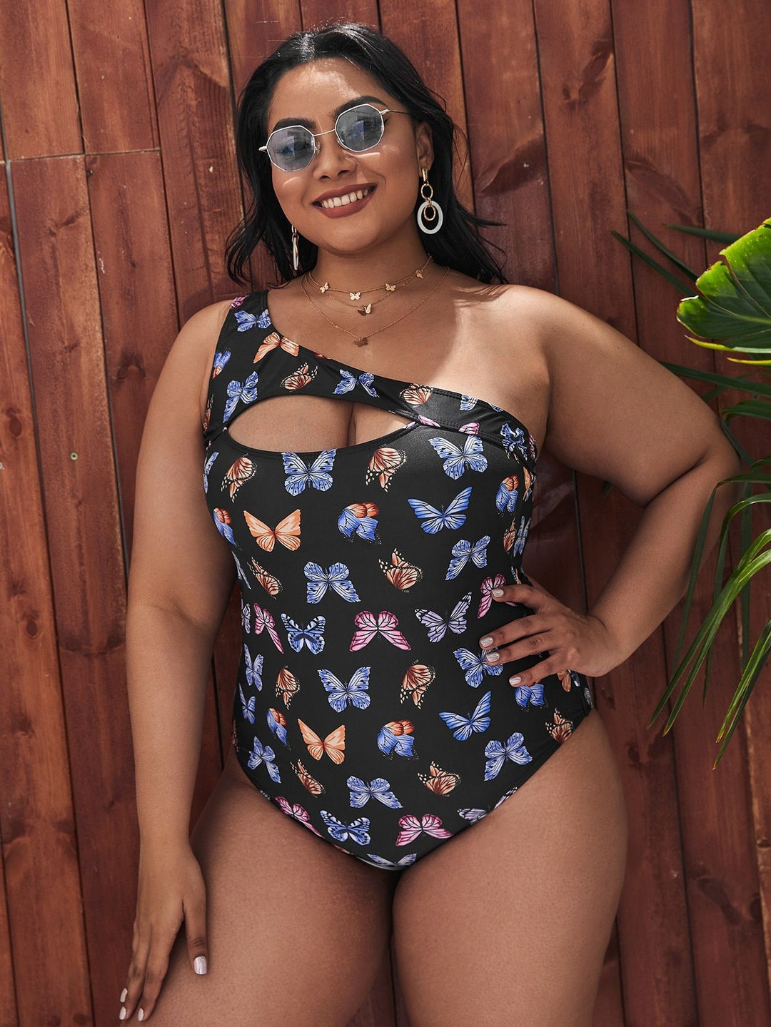Women One-Sided Cut-Out Swimsuit with Floral Butterfly Motifs Mune Fashion
