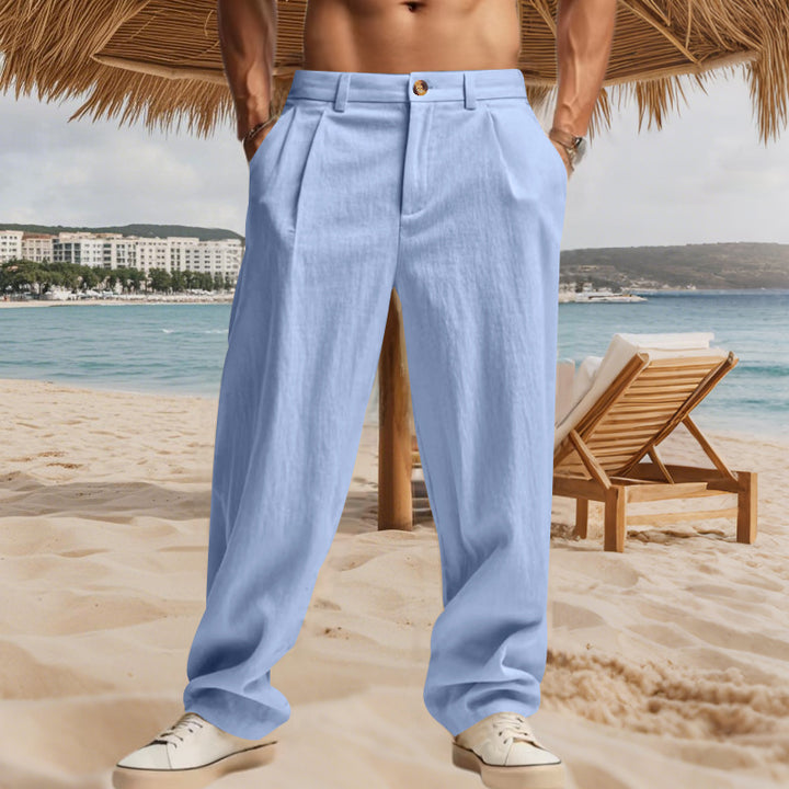 Men's elegant pleated trousers made of lightweight cotton blend with straight cut and belt loops Mune Fashion