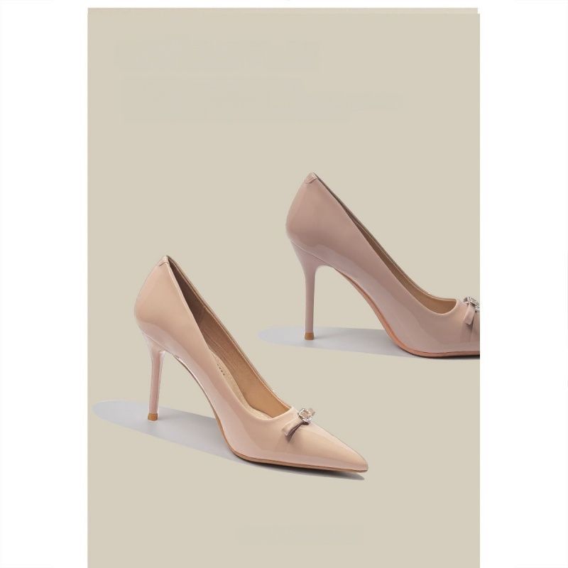 Women's pointed toe patent pumps with high stiletto heel and crystal bow appliqué Mune Fashion