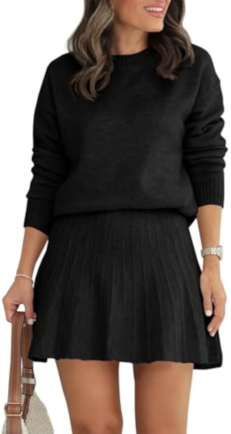 Women's Two-Piece Knit Set with Round Neck Sweater and Pleated Mini Skirt Drune