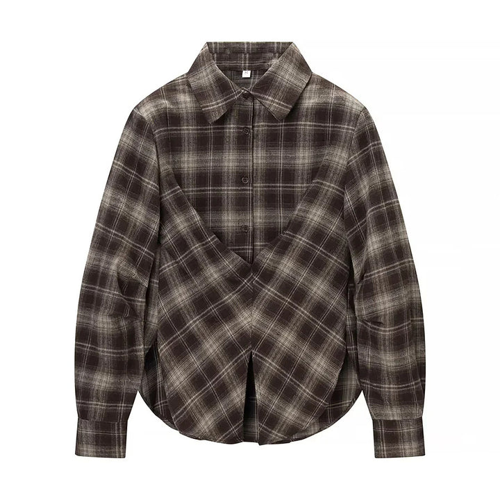 Women's overlapping check blouse with V-front, crossover hem and cuffs Mune Fashion