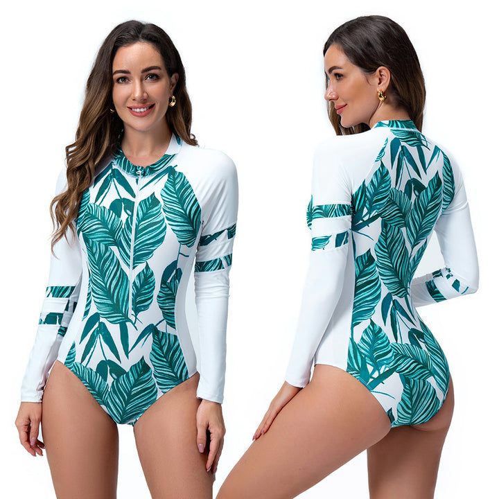 Women's Long Sleeve Swimsuit with Exotic Leaf Design Mune Fashion