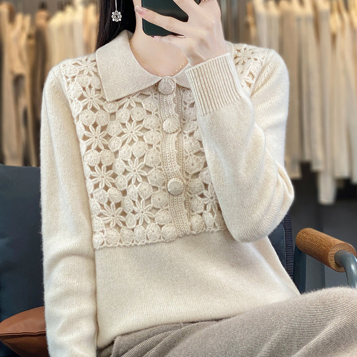 Women's knitted pullover with crocheted openwork trim and polo collar Mune Fashion