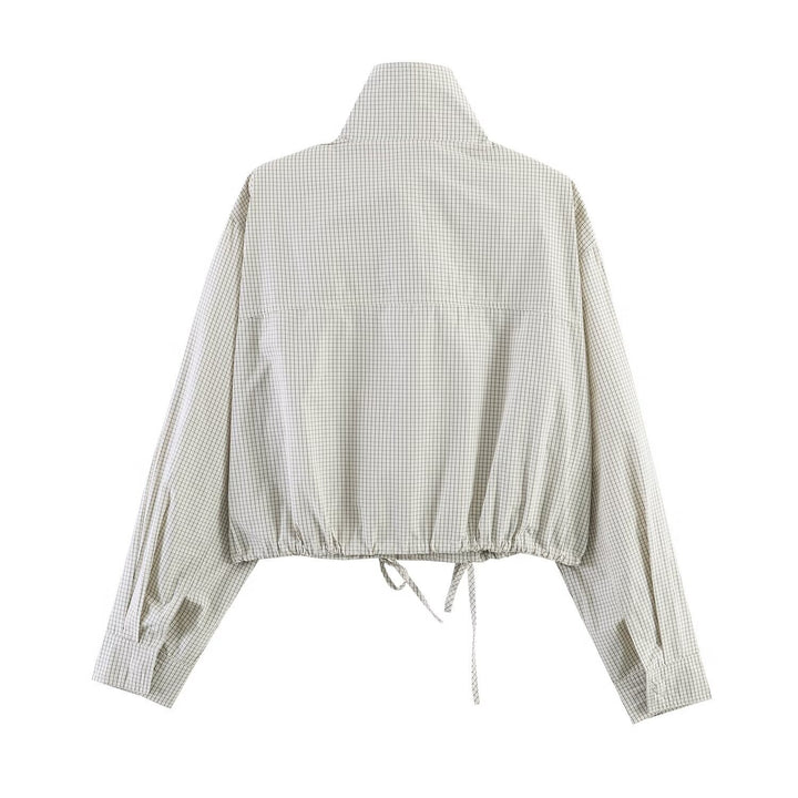 Women's Cropped Windbreaker with Stand-Up Collar, Checkered Pattern and Drawstring Mune Fashion