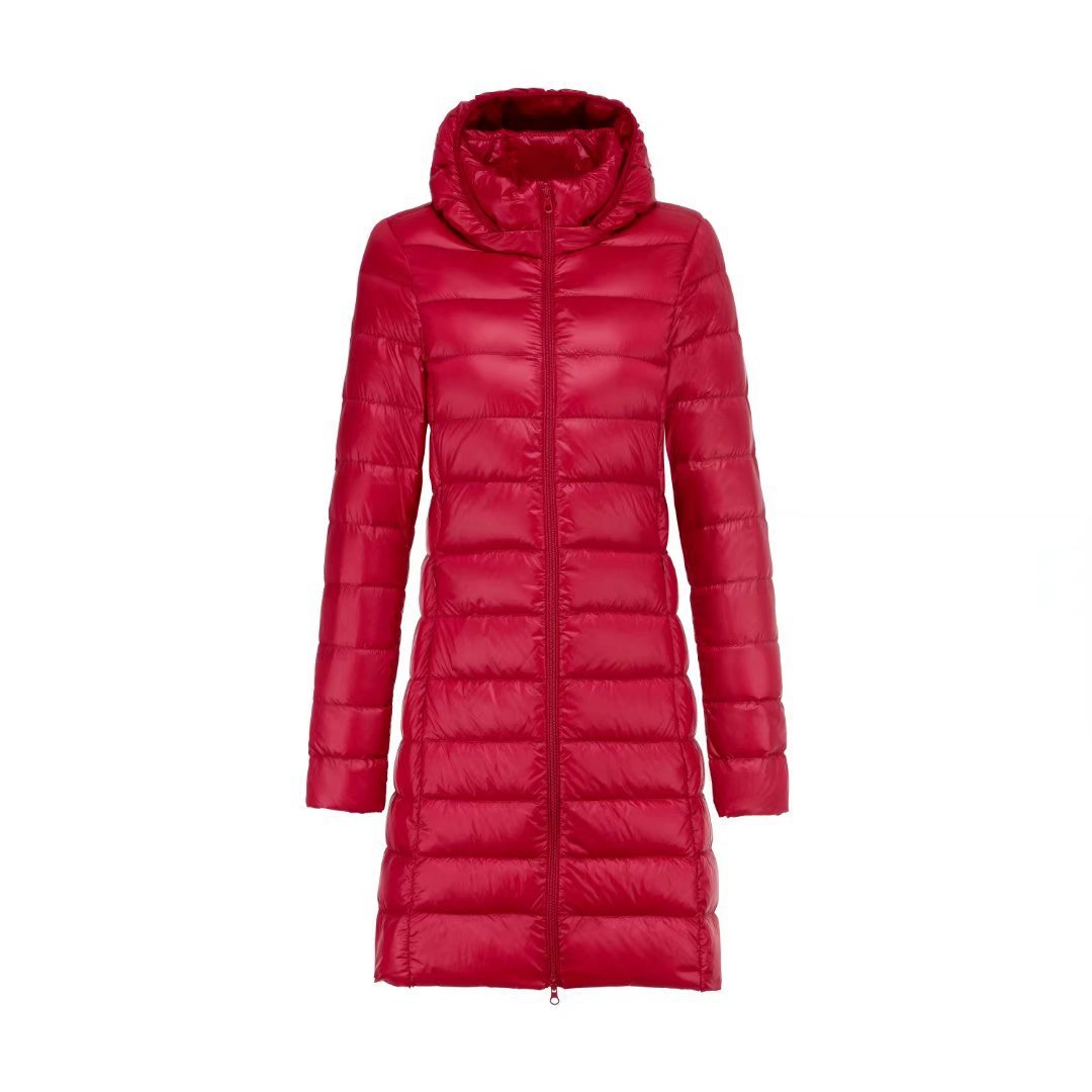 Women Long Cut Ultra-Light Thermal Parka with Contoured Silhouette and Hood Mune Fashion