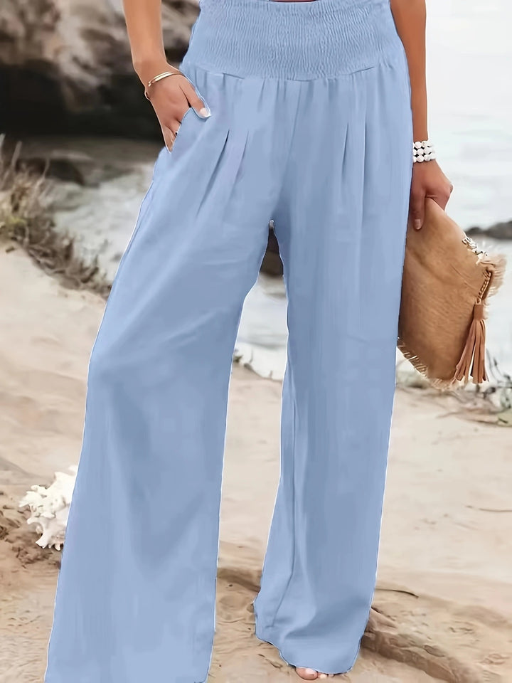 Women's Wide Linen Pants with Smocked Band and Side Pockets Mune Fashion