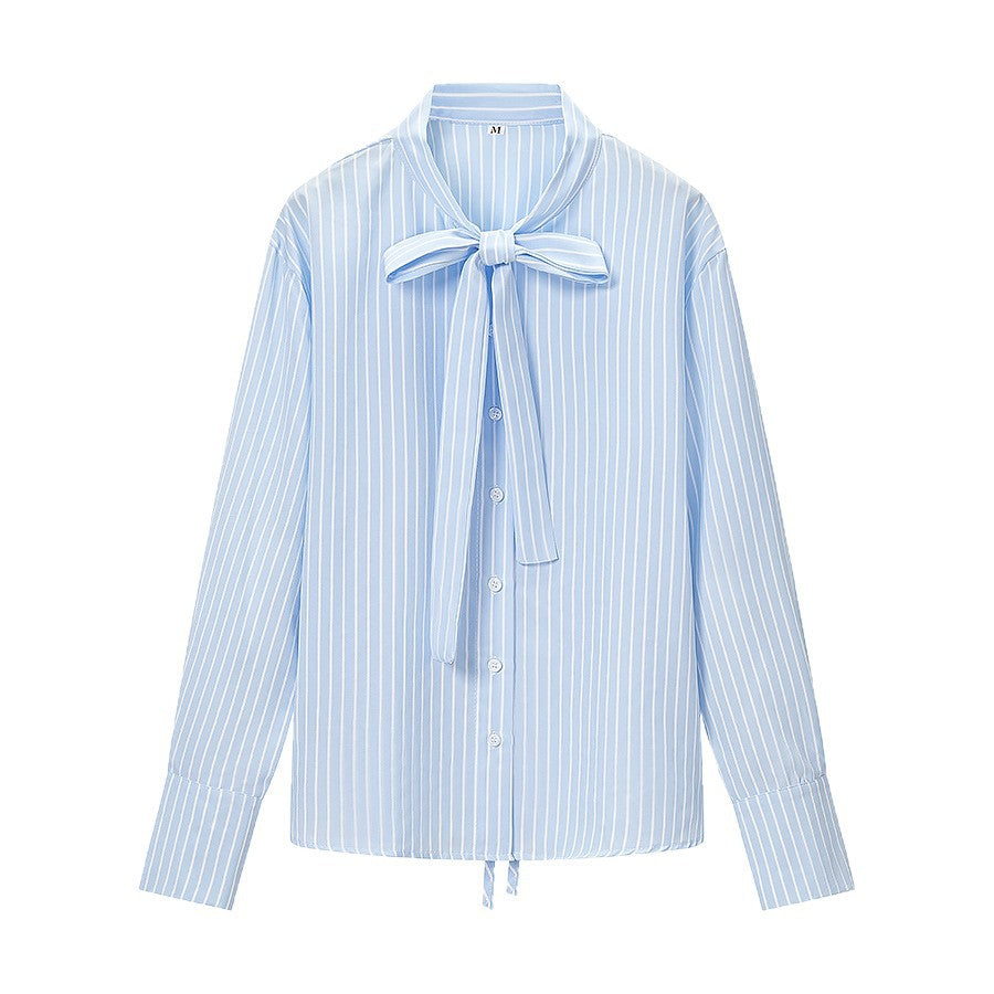 Women loosely cut bow blouse with pinstripes and extra long cuffs Mune Fashion
