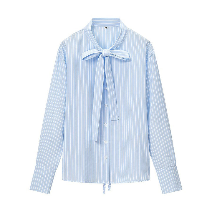 Women loosely cut bow blouse with pinstripes and extra long cuffs Mune Fashion