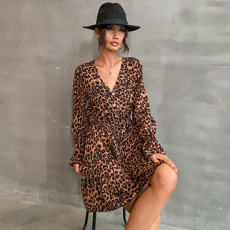 Women's Tiered Minidress with V-Neck, Waist Drawstring and Leopard Print Mune Fashion