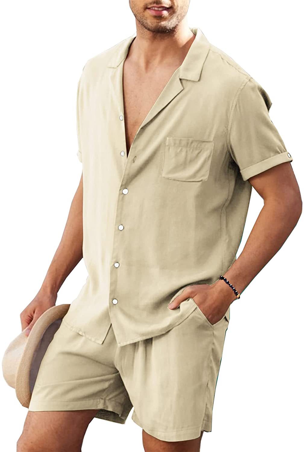 Men's two-piece summer casual ensemble with open collar shirt and elastic shorts Mune Fashion