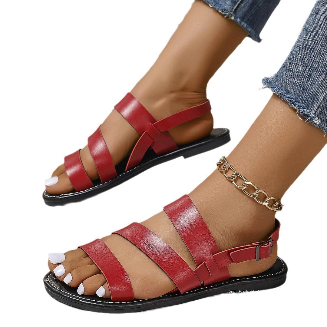 Women Flat Leather-Look Sandals with Three Wide Straps, Padded Comfort Footbed and Adjustable Heel Strap Mune Fashion