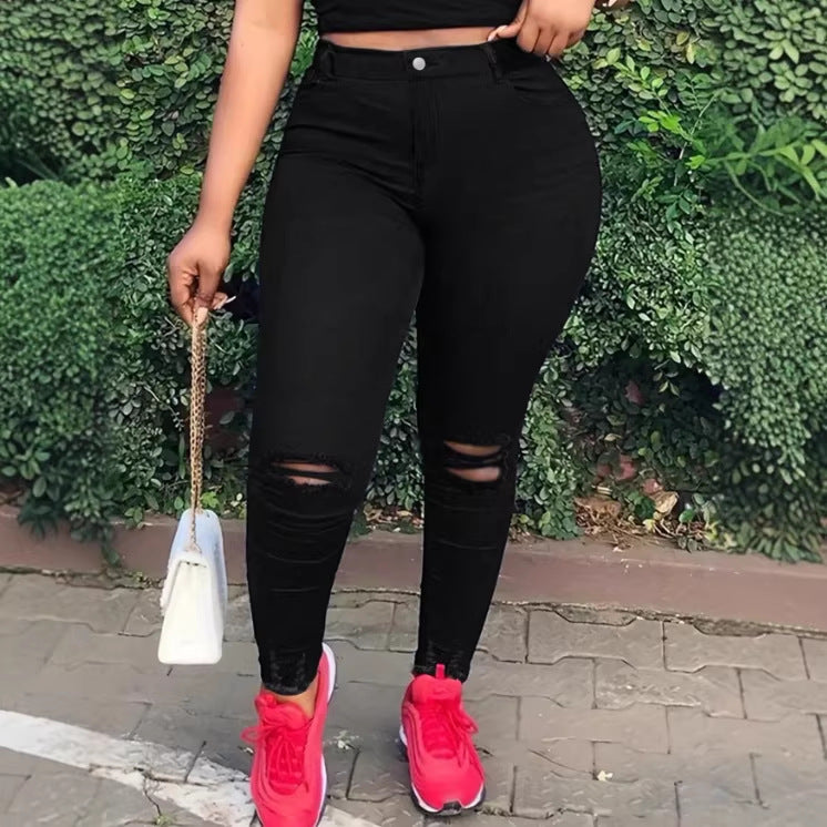Women high-waisted body-shaping skinny jeans with knee rips and butt-lifting waistband Mune Fashion