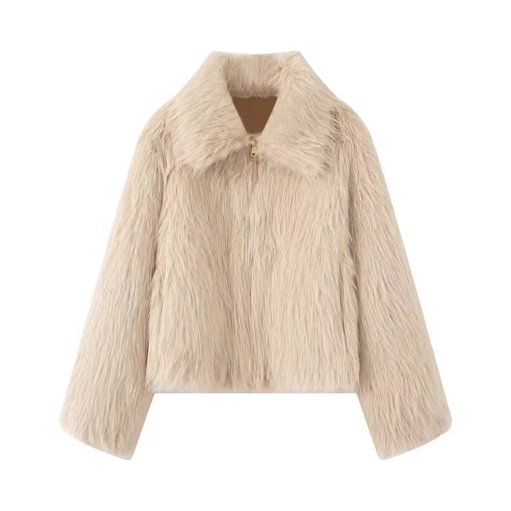 Women Short Faux Fur Cropped Jacket with Voluminous Shawl Collar and Front Zipper Mune Fashion