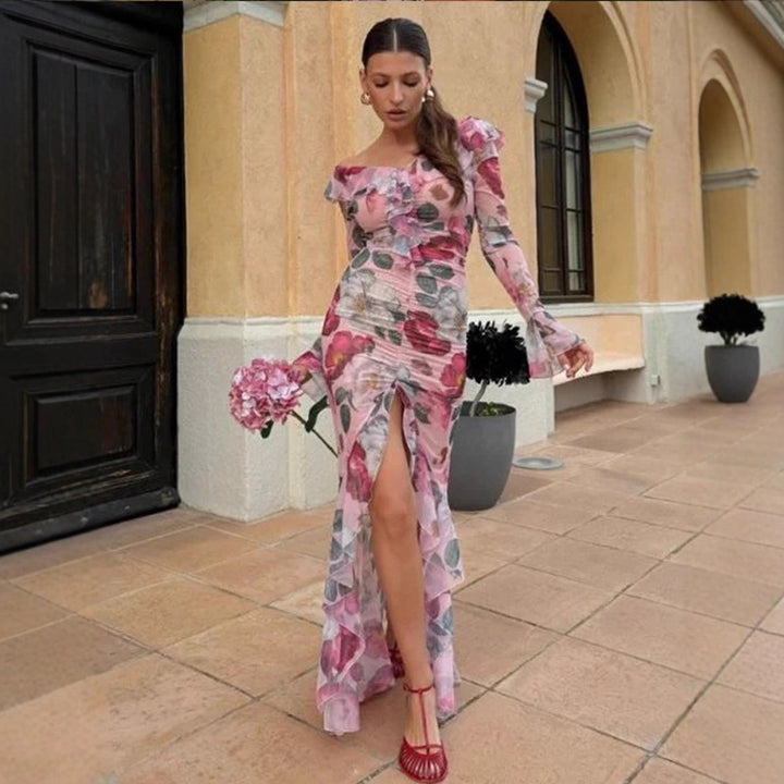 Women's Floral Chiffon Maxi Dress with Asymmetrical Ruffled Shoulder, Gathered Bodice & High Front Slit Mune Fashion