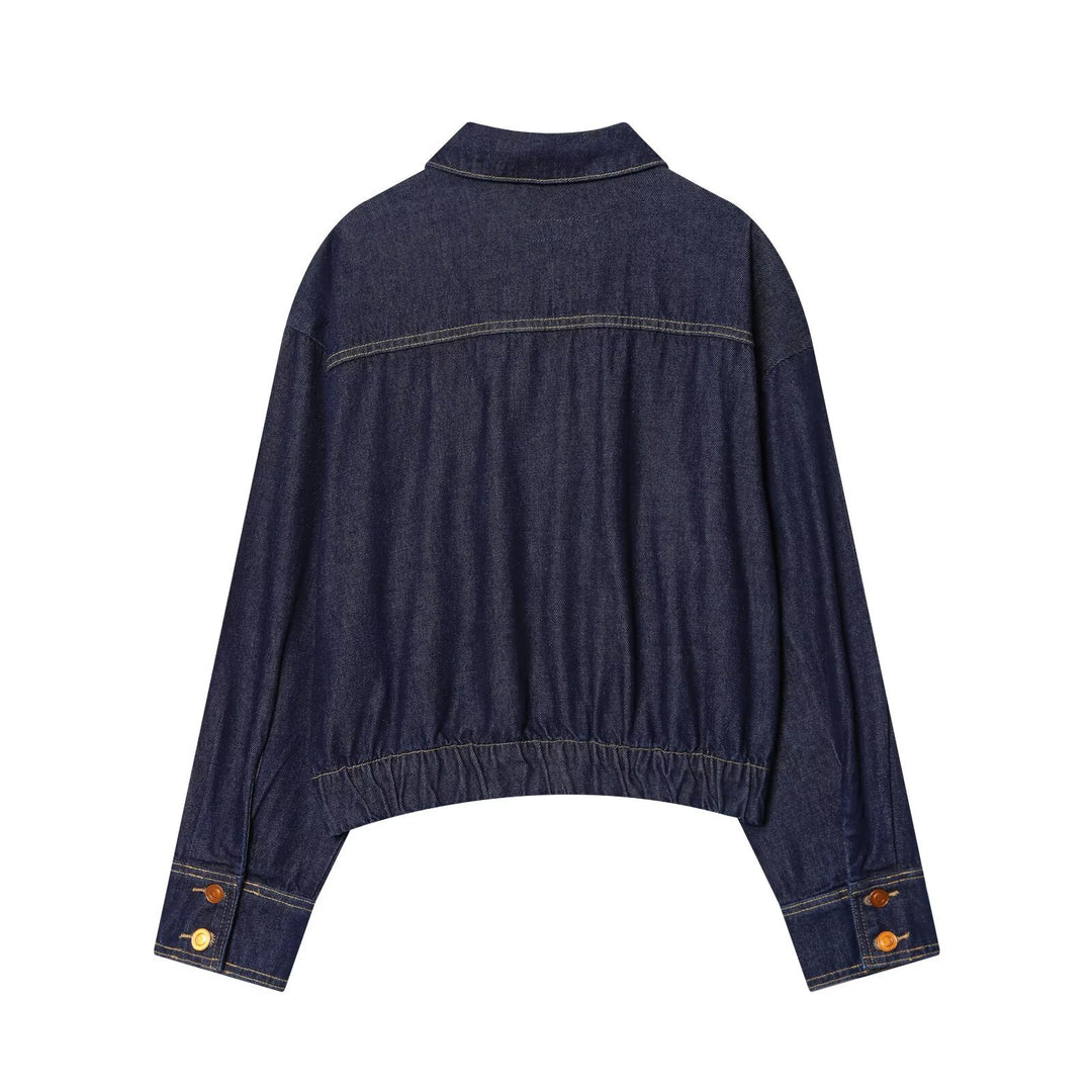 Women's Short Denim Jacket with Zipper, Tailored Drawstring and Western Details Mune Fashion