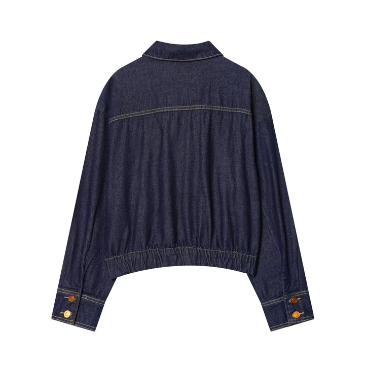 Women's Short Denim Jacket with Zipper, Tailored Drawstring and Western Details Mune Fashion