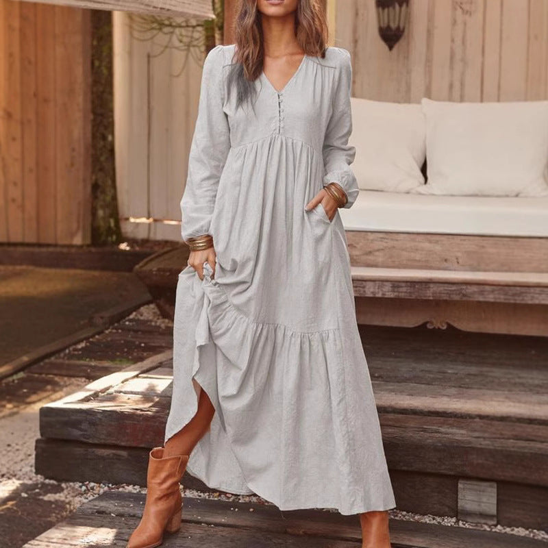 Ladies Long Tiered Dress made of Linen Blend with V-Neck and Side Pockets Mune Fashion