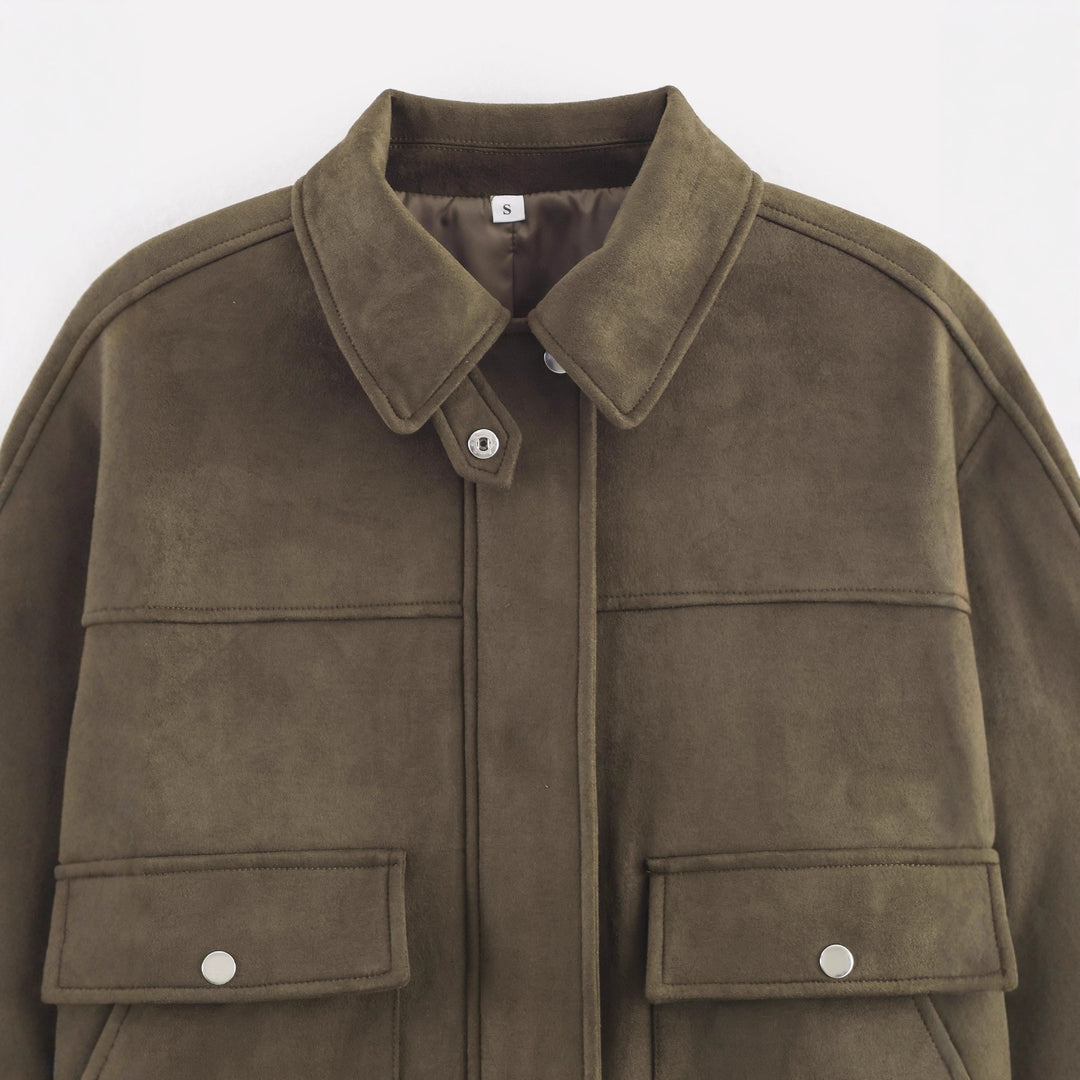 Women's Short Cut Suede Look Utility Jacket with Flap Pockets Mune Fashion