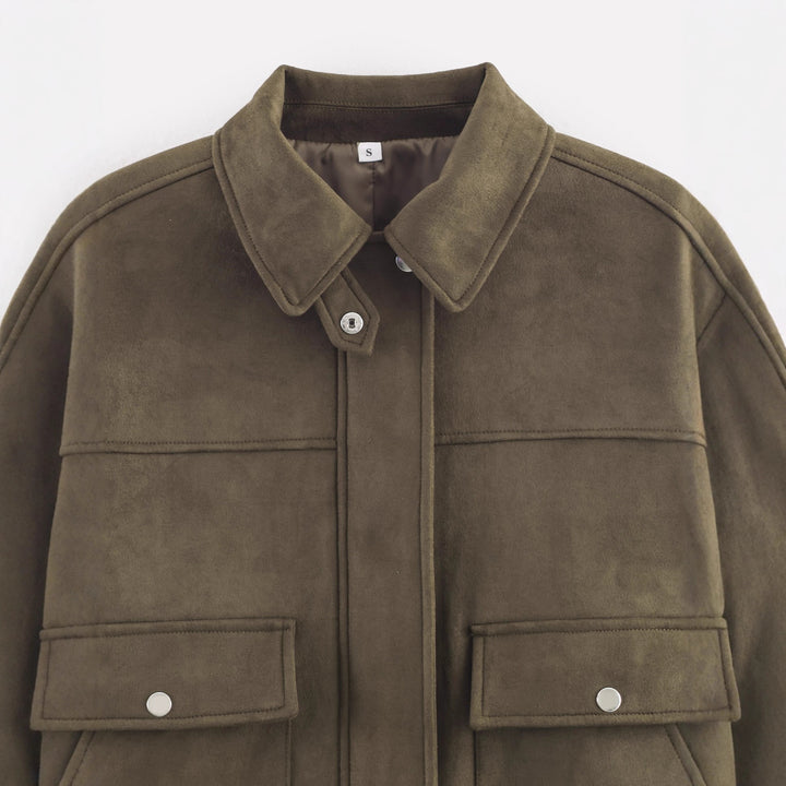 Women's Short Cut Suede Look Utility Jacket with Flap Pockets Mune Fashion