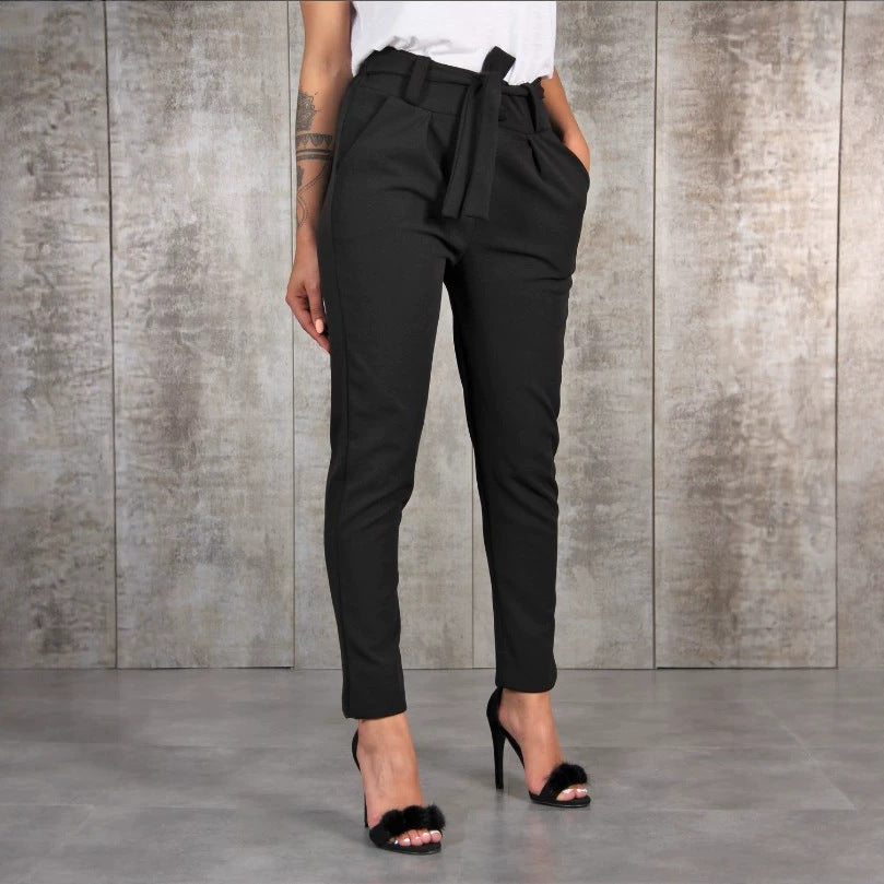 Women's fitted paperbag pants with belt and slim leg Mune Fashion