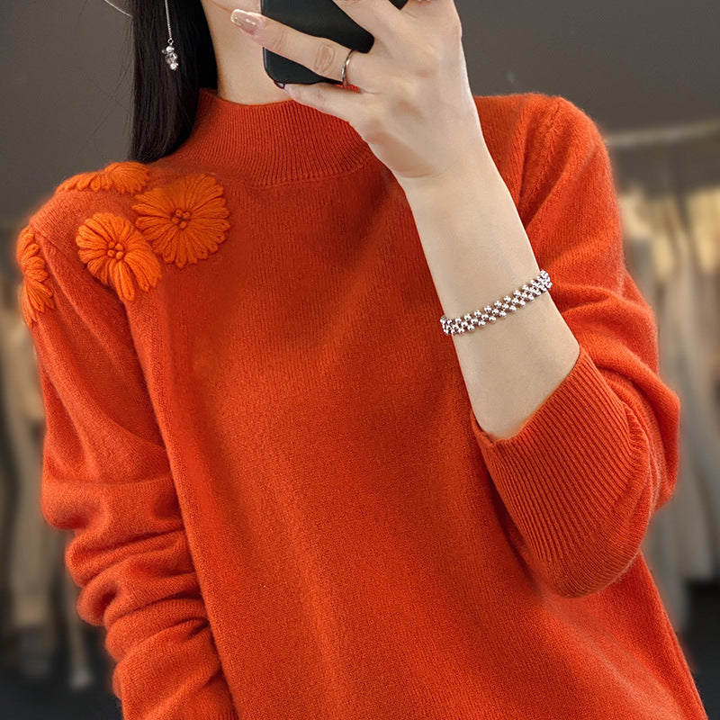 Women Soft Fine Knit Sweater with Short Stand-Up Collar, 3D Flower Application and Ribbed Cuffs Mune Fashion