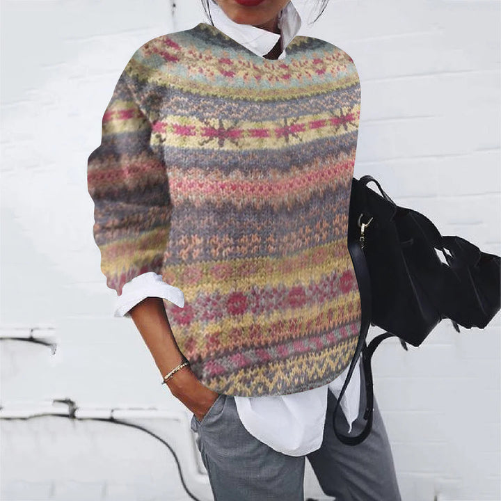 Women Loose Fair Isle Knit Sweater with Round Neck
