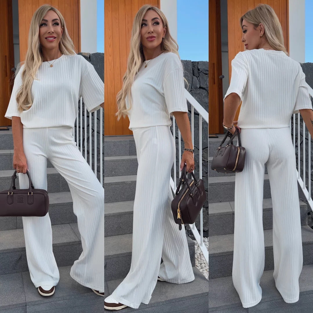 Women Fine Ribbed Two-Piece with Relaxed Crewneck and Flared Palazzo Pants Mune Fashion