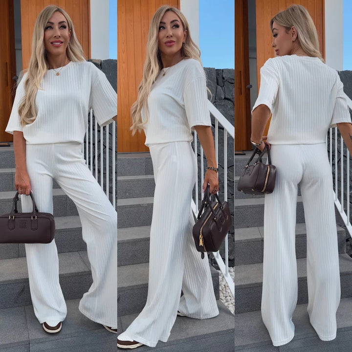 Women Fine Ribbed Two-Piece with Relaxed Crewneck and Flared Palazzo Pants Mune Fashion