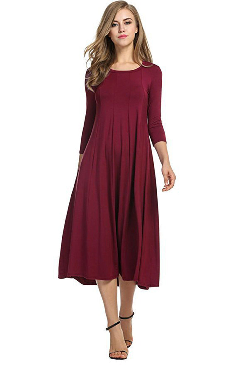 Women's Long A-Line Midi Dress made of Stretch Jersey with Three-Quarter Sleeves and Side Pockets Mune Fashion