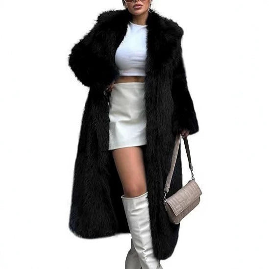Women's Elegant Maxi Faux Fur Coat with Wide Shawl Collar and Straight Cut Mune Fashion