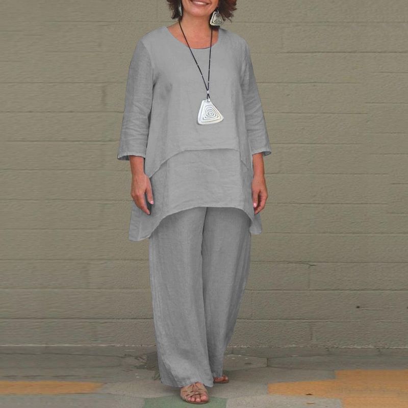 Women's Casual Two-Piece Linen Set with Oversized Tunic and Wide Palazzo Pants Mune Fashion