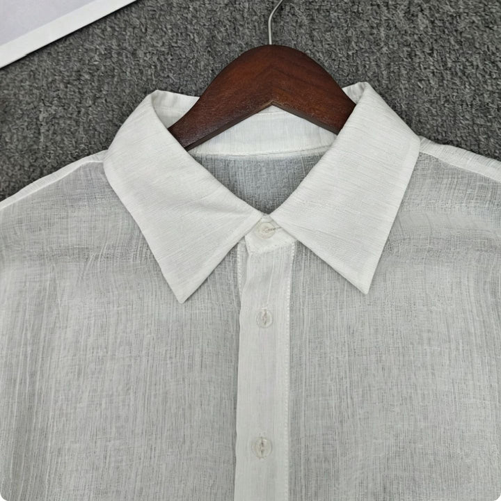 Womens Transparent Shirt Blouse in Linen Look with Kent Collar Mune Fashion