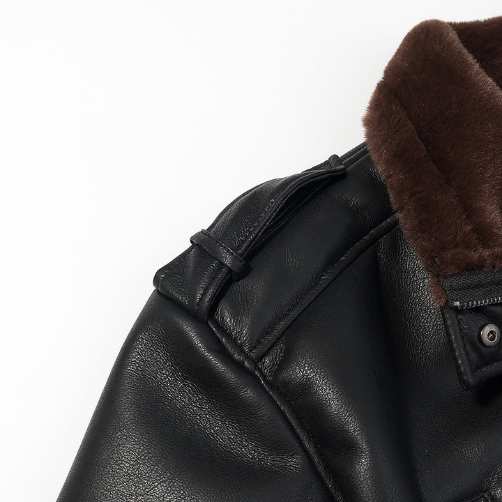 Women's Short Cut Bomber Jacket made of Faux Leather with Teddy Lining, Notched Collar and Rollable Cuffs Mune Fashion