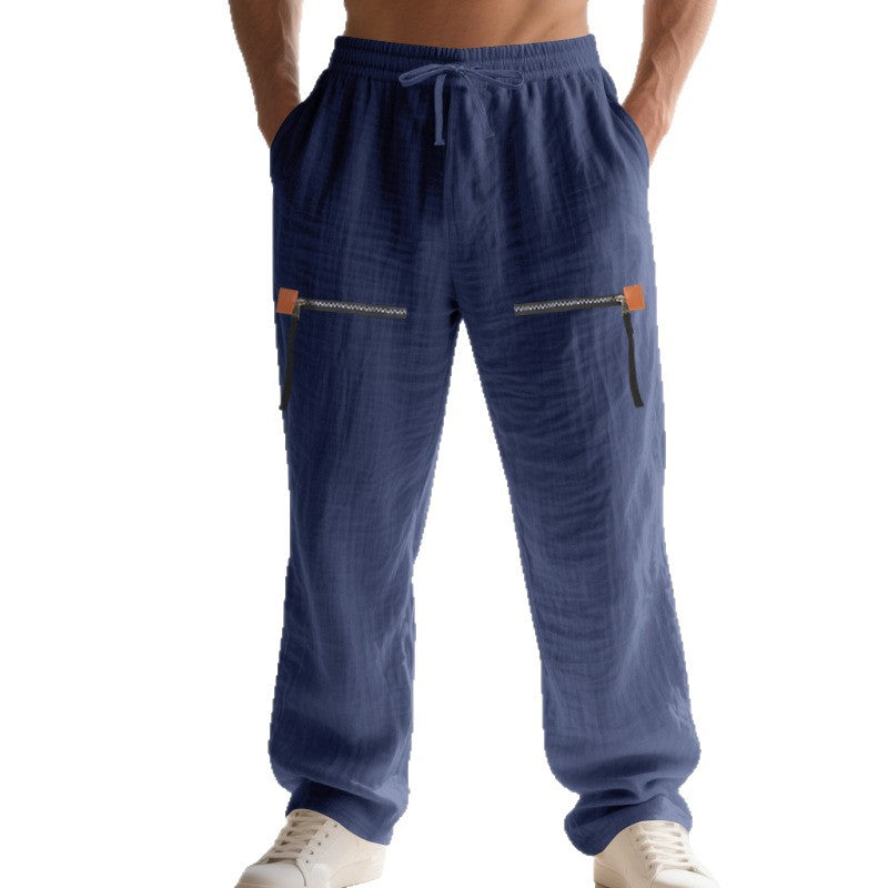 Men's Casual Linen Look Relaxed Fit Pants with Elastic Waistband, Drawstring & Zipper Cargo Pockets