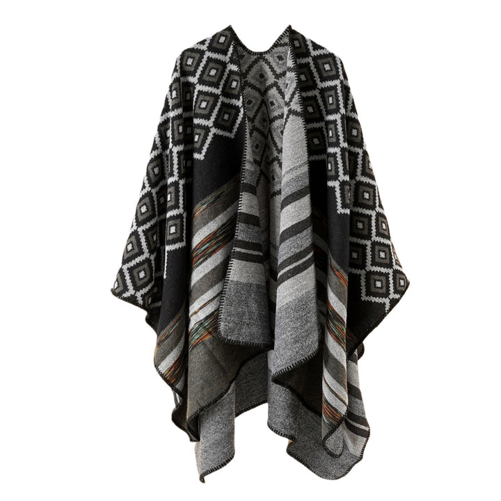 Women's wool blend cape with reversible double-face weave and geometric block pattern Mune Fashion